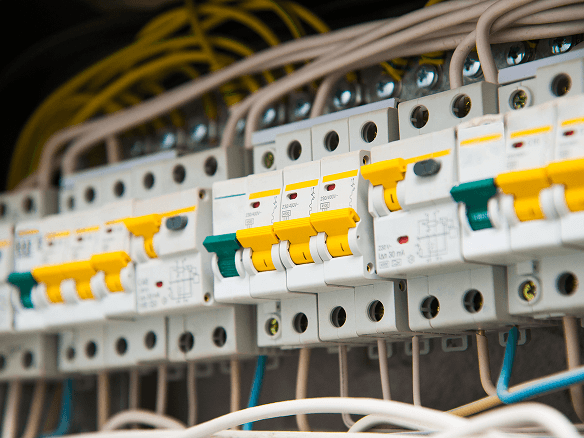 Electrical panel with breakers and wiring